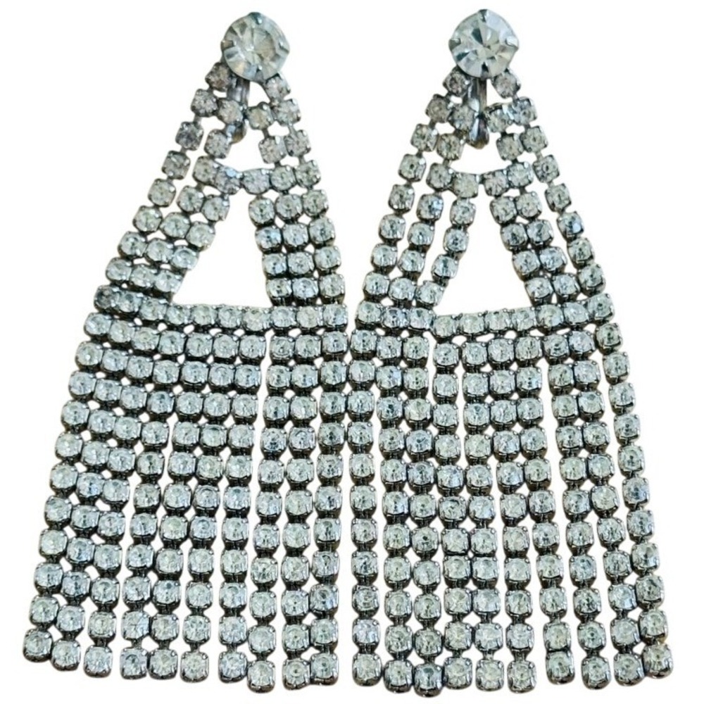 Sparkly Statement Earrings VTG Clip Crystal Austrian Rhinestone Dangle Waterfall